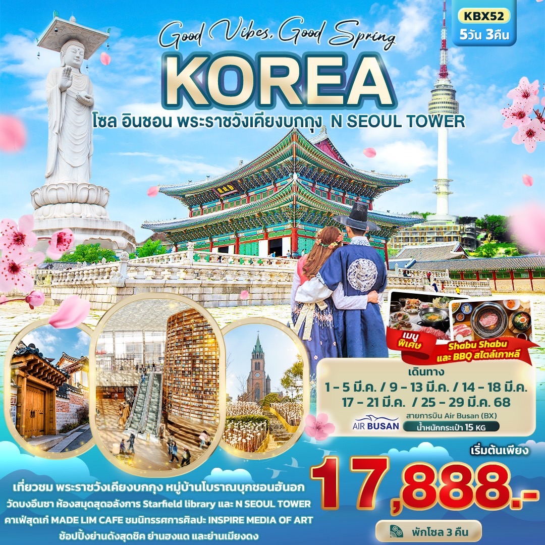 ทัวร์เกาหลี Good Vibes Good Spring Korea โซล อินชอน พระราชวังเคียงบกกุง N SEOUL TOWER 5วัน 3คืน  (BX)